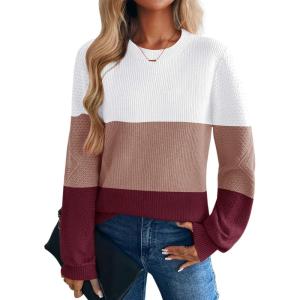 image:imageZeagoo Womens Sweaters 2026 Fashion Fall Tops Crew Neck Long Sleeve Knit Pullover Sweater SXXLWhite Wine Red