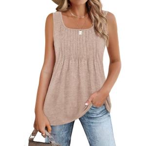 image:imageZeagoo Womens Summer Tank Tops 2026 Pleated Square Neck Loose Fit Casual Flowy Tunic Sleeveless ShirtsKhaki