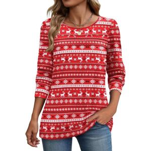 image:imageZeagoo Long Sleeve Shirts for Women Casual Fall Fashion Crewneck Pleated Tunic Tops Work Outfit BlouseChristmas Red 142