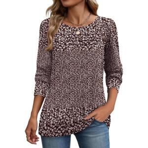 image:imageZeagoo Long Sleeve Shirts for Women Casual Fall Fashion Crewneck Pleated Tunic Tops Work Outfit BlouseFloral Brown 517