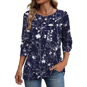 image:imageZeagoo Long Sleeve Shirts for Women Casual Fall Fashion Crewneck Pleated Tunic Tops Work Outfit BlouseFloral Navy 180