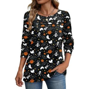 image:imageZeagoo Long Sleeve Shirts for Women Casual Fall Fashion Crewneck Pleated Tunic Tops Work Outfit BlouseHalloween Black