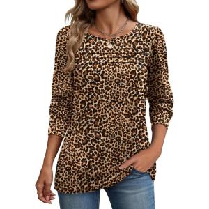 image:imageZeagoo Long Sleeve Shirts for Women Casual Fall Fashion Crewneck Pleated Tunic Tops Work Outfit BlouseLeopard 136