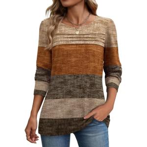 image:imageZeagoo Long Sleeve Shirts for Women Casual Fall Fashion Crewneck Pleated Tunic Tops Work Outfit BlouseStripes Brown 398