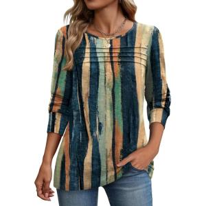 image:imageZeagoo Long Sleeve Shirts for Women Casual Fall Fashion Crewneck Pleated Tunic Tops Work Outfit BlouseStripes Multicolor 289