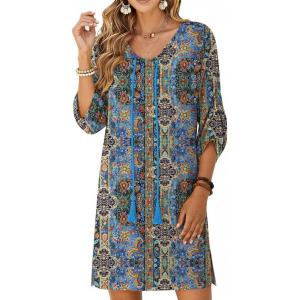 image:imageZeagoo Womens Boho Dresses Casual Beach Summer Dress Tassel Tie Neck 34 Long Sleeve Mini Sundress 2026 Floral Print Cover UpBlue Mz779