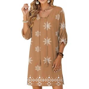 image:imageZeagoo Womens Boho Dresses Casual Beach Summer Dress Tassel Tie Neck 34 Long Sleeve Mini Sundress 2026 Floral Print Cover UpBrown Mz917