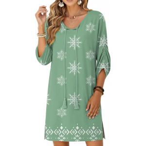 image:imageZeagoo Womens Boho Dresses Casual Beach Summer Dress Tassel Tie Neck 34 Long Sleeve Mini Sundress 2026 Floral Print Cover UpGreen Mz915