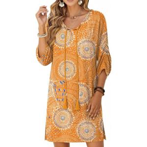 image:imageZeagoo Womens Boho Dresses Casual Beach Summer Dress Tassel Tie Neck 34 Long Sleeve Mini Sundress 2026 Floral Print Cover UpOrange Cx294