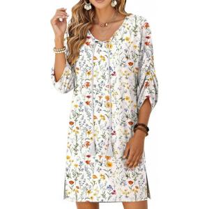 image:imageZeagoo Womens Boho Dresses Casual Beach Summer Dress Tassel Tie Neck 34 Long Sleeve Mini Sundress 2026 Floral Print Cover UpWhite Xh403