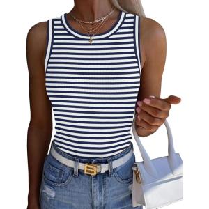 image:imageZeagoo Womens Sleeveless Crewneck Ribbed Tank Tops Casual Basic Summer Top Slim Fitted Racerback ShirtsNavy White Stripe