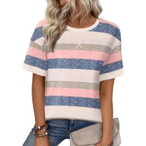 image:imageZeagoo Womens Tops Casual Oversized Short Sleeve Sweatshirt Summer Striped Shirt Crewneck Pullover Loose T Shirts BlouseColor Stripes 1