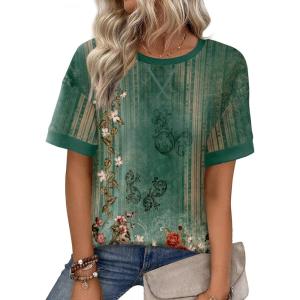 image:imageZeagoo Womens Tops Casual Oversized Short Sleeve Sweatshirt Summer Striped Shirt Crewneck Pullover Loose T Shirts BlouseGreen Floral