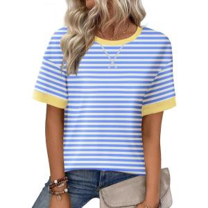 image:imageZeagoo Womens Tops Casual Oversized Short Sleeve Sweatshirt Summer Striped Shirt Crewneck Pullover Loose T Shirts BlouseLight Blue
