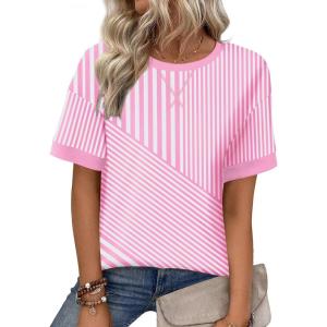 image:imageZeagoo Womens Tops Casual Oversized Short Sleeve Sweatshirt Summer Striped Shirt Crewneck Pullover Loose T Shirts BlousePink Stripes