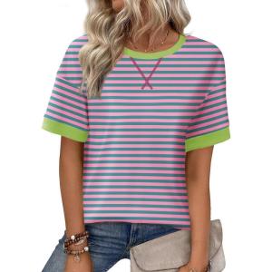 image:imageZeagoo Womens Tops Casual Oversized Short Sleeve Sweatshirt Summer Striped Shirt Crewneck Pullover Loose T Shirts BlousePinkgreen