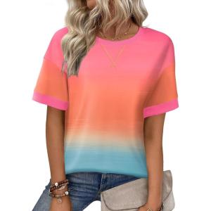 image:imageZeagoo Womens Tops Casual Oversized Short Sleeve Sweatshirt Summer Striped Shirt Crewneck Pullover Loose T Shirts BlouseRainbow Floral