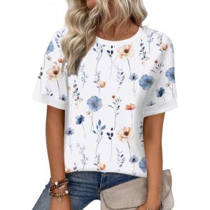 image:imageZeagoo Womens Tops Casual Oversized Short Sleeve Sweatshirt Summer Striped Shirt Crewneck Pullover Loose T Shirts BlouseWhite Floral
