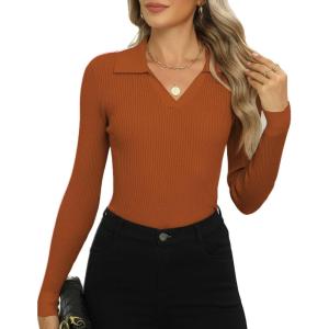 image:imageZeagoo Womens 2026 Sweater Tops Long Sleeve V Neck Ribbed Knit Slim Fitted Casual Work Basic Shirts SXXLCaramel