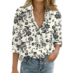 image:imageZeagoo Womens Cotton Linen Button Down Shirts Loose Fit Long Sleeve Collared Blouse Casual V Neck Tops Outfits S3XLSf335
