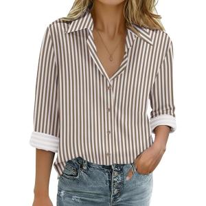 image:imageZeagoo Womens Cotton Linen Button Down Shirts Loose Fit Long Sleeve Collared Blouse Casual V Neck Tops Outfits S3XLTz314