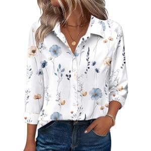 image:imageZeagoo Blouses for Women Dressy Casual 34 Sleeve Work Shirts V Neck Button Down Tops Cute Floral Boho Outfits