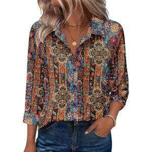 image:imageZeagoo Button Down Shirts for Women 34 Sleeve Tops V Neck Collared Blouses Business Casual OutfitsMz721
