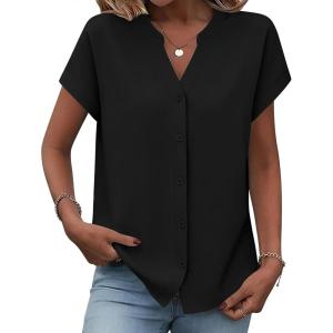 image:imageZeagoo Button Down Shirts for Women Short Sleeve Tops V Neck Collar Blouses Business Casual OutfitsBlack