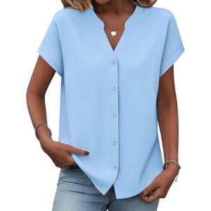 image:imageZeagoo Button Down Shirts for Women Short Sleeve Tops V Neck Collar Blouses Business Casual OutfitsLight Blue