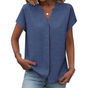 image:imageZeagoo Button Down Shirts for Women Short Sleeve Tops V Neck Collar Blouses Business Casual OutfitsNavy Blue