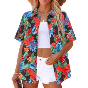 image:imageZeagoo Hawaiian Shirts for Women Tropical Floral Button Down Short Sleeve Blouses Summer Beach Shirt Vacation TopsAblack Tropical