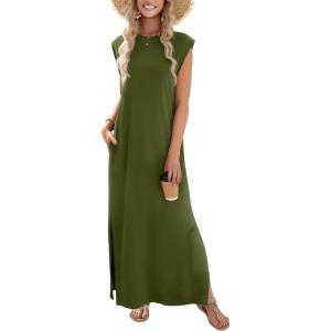 image:imageZeagoo Summer Dresses for Women 2026 Long Maxi Sundresses Loose Split WrinkleFree Beach Travel Vacation ClothesA03green