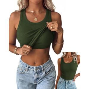image:imageZeagoo Tank Tops with Built in Bra for Women Sleeveless Crewneck Racerback Ribbed Fitted Tops Basic Summer Clothing 2026Army Green
