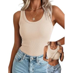 image:imageZeagoo Tank Tops with Built in Bra for Women Sleeveless Crewneck Racerback Ribbed Fitted Tops Basic Summer Clothing 2026Beige