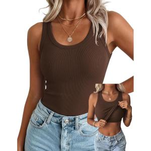 image:imageZeagoo Tank Tops with Built in Bra for Women Sleeveless Crewneck Racerback Ribbed Fitted Tops Basic Summer Clothing 2026Brown