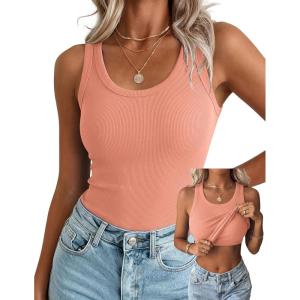 image:imageZeagoo Tank Tops with Built in Bra for Women Sleeveless Crewneck Racerback Ribbed Fitted Tops Basic Summer Clothing 2026Coral