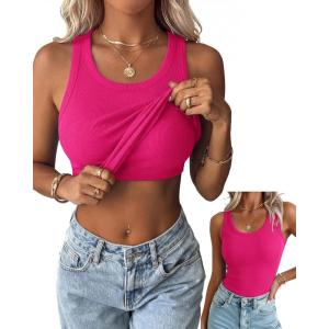 image:imageZeagoo Tank Tops with Built in Bra for Women Sleeveless Crewneck Racerback Ribbed Fitted Tops Basic Summer Clothing 2026Hot Pink