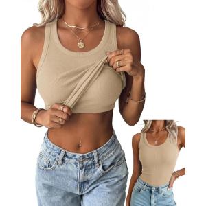 image:imageZeagoo Tank Tops with Built in Bra for Women Sleeveless Crewneck Racerback Ribbed Fitted Tops Basic Summer Clothing 2026Khaki