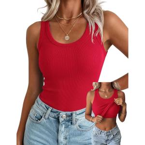 image:imageZeagoo Tank Tops with Built in Bra for Women Sleeveless Crewneck Racerback Ribbed Fitted Tops Basic Summer Clothing 2026Red