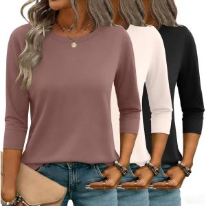 image:imageZeagoo Women Tops 3 Pack 34 Sleeve Crewneck Cute Basics Tees Casual Fashion Summer Spring T Shirts Business Work Tee TopBlackapricotcoffee