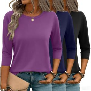 image:imageZeagoo Women Tops 3 Pack 34 Sleeve Crewneck Cute Basics Tees Casual Fashion Summer Spring T Shirts Business Work Tee TopBlacknavy Bluefuchsia