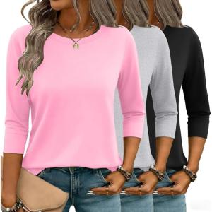 image:imageZeagoo Women Tops 3 Pack 34 Sleeve Crewneck Cute Basics Tees Casual Fashion Summer Spring T Shirts Business Work Tee TopBlackpinkgrey