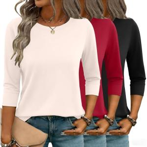 image:imageZeagoo Women Tops 3 Pack 34 Sleeve Crewneck Cute Basics Tees Casual Fashion Summer Spring T Shirts Business Work Tee TopBlackredapricot