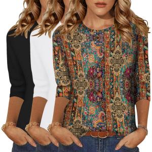 image:imageZeagoo Women Tops 3 Pack 34 Sleeve Crewneck Cute Basics Tees Casual Fashion Summer Spring T Shirts Business Work Tee TopBlackwhiteboho Mz721