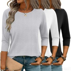 image:imageZeagoo Women Tops 3 Pack 34 Sleeve Crewneck Cute Basics Tees Casual Fashion Summer Spring T Shirts Business Work Tee TopBlackwhitegrey