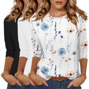 image:imageZeagoo Women Tops 3 Pack 34 Sleeve Crewneck Cute Basics Tees Casual Fashion Summer Spring T Shirts Business Work Tee TopBlackwhiteprint Bf290