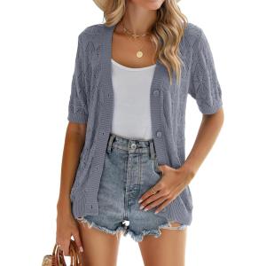 image:imageZeagoo Womens Short Sleeve 2026 Summer Crochet Cropped Cardigan V Neck Button up Bolero Shrug SweaterGrey Blue