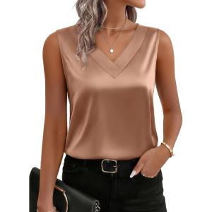 image:imageZeagoo Womens Silk Satin Tank Tops V Neck Casual Camisoles Sleeveless Business Work Blouses Dressy Summer ShirtsLight Coffee