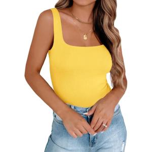 image:imageZeagoo Womens Square Neck Double Lined Tank Tops Cute Summer Tops Seamless Slim Fit Basic Sleeveless ShirtsYellow