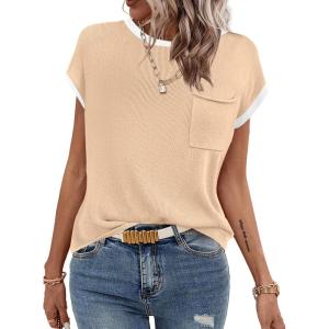 image:imageZeagoo Womens Sweater Vest Fall 2026 Loose Fit Cape Sleeve Knit Ribbed Tank Tops with Front PocketBeige White Colorblock